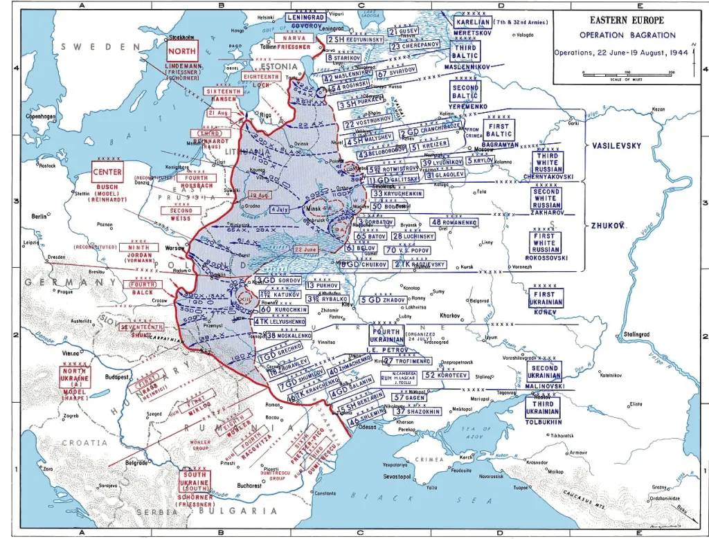 Operation Bagration military map of Eastern Europe, 1944.