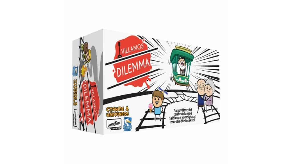 Illustration of a tram and pedestrians with a dilemma sign, for kids' game at Komaromi Tarsasjatek K.