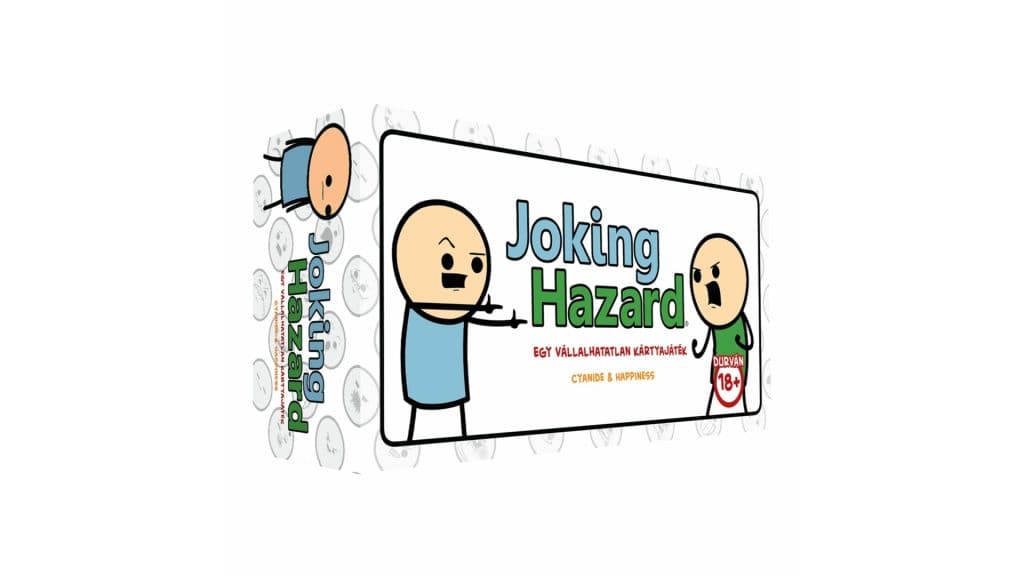 Cartoon characters playing Joking Hazard card game at Komaromi Tarsasjatek Klub.