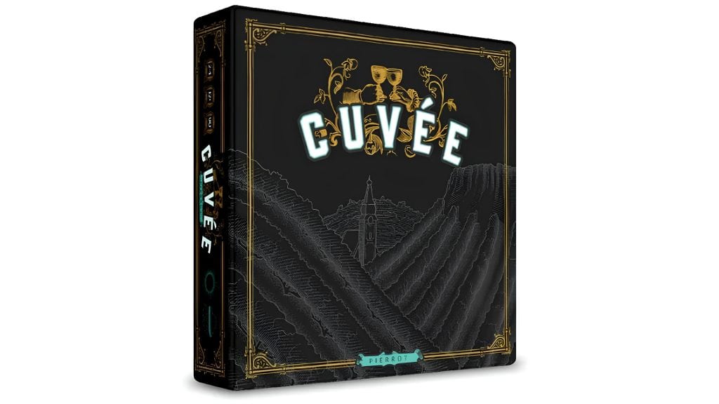 Cuvée board game box with wine-themed artwork and game components.
