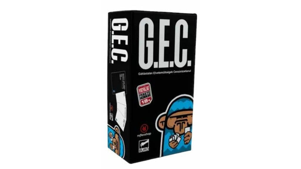 G. E. C. card game box with cartoon character, for Komaromi Tarsasjatek Klub.