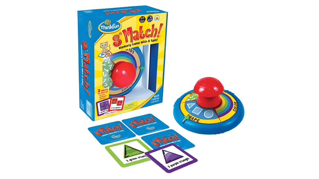 Colorful matching game with a red ball and shape cards for children’s fun.