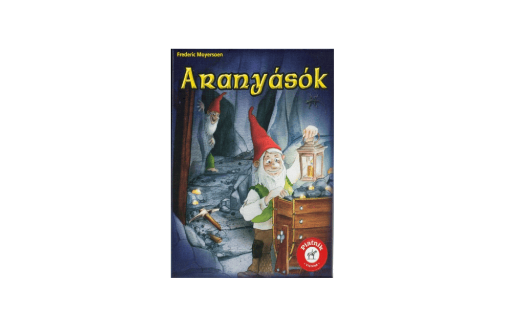 Cover of "Aranyásók" board game featuring gnomes and treasure hunting scene.