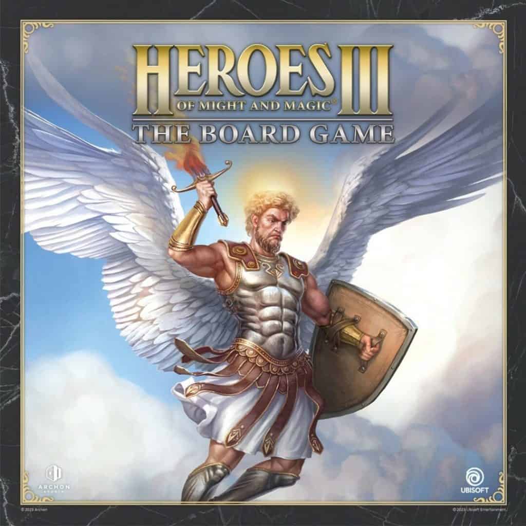 Hero with wings holding a sword and shield, fantasy tabletop game scene.