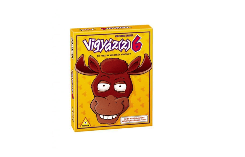 Vigyázz 6! game box with a cartoon moose face, perfect for family game nights.